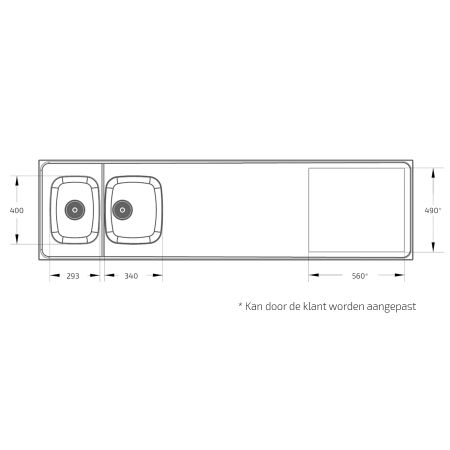 Afmetingen - Combinatie - 2 gootstenen en uitsparing voor kookplaat  Granberg ESHS