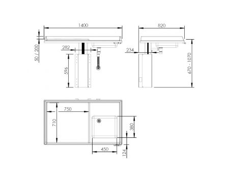 Maße - Wickeltisch 335, motorisch höhenverstellbar, Waschbecken rechts - Leiter links, seitenhöhe 20 cm, 140x80 cm