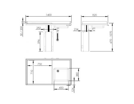 Dimensions - Table à langer éléctrique 335-141-1211 avec lavabo, largeur 140 cm