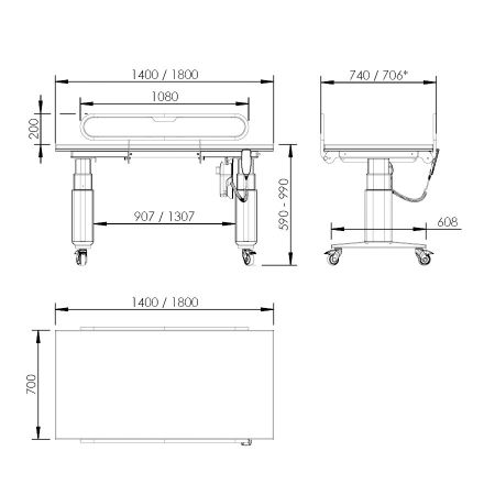 Dimensions - Table à langer 345 - avec barrières de protection