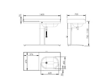 Dimensions - Height Adjustable Changing Table Granberg Care 343 - Bathtub right, Incl. Mixer tap