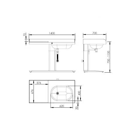 Dimensions - Height Adjustable Changing Table Granberg Care 343 - Bathtub right