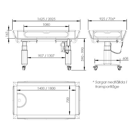 Dimensions - Height Adjustable Shower Trolley Granberg Care 346