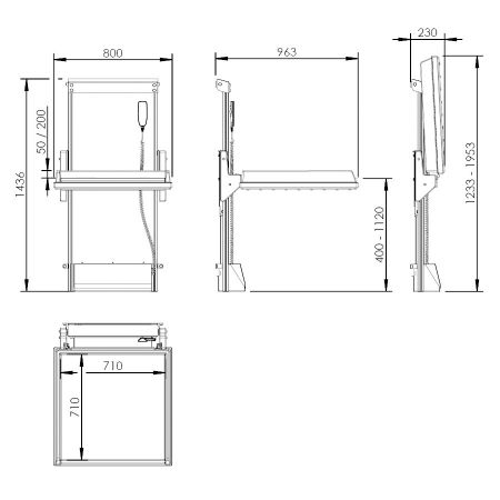 Dimensions - Height Adjustable Changing Table 334 - Combination 3, Incl. Fixed Changing Table, Border 20 cm