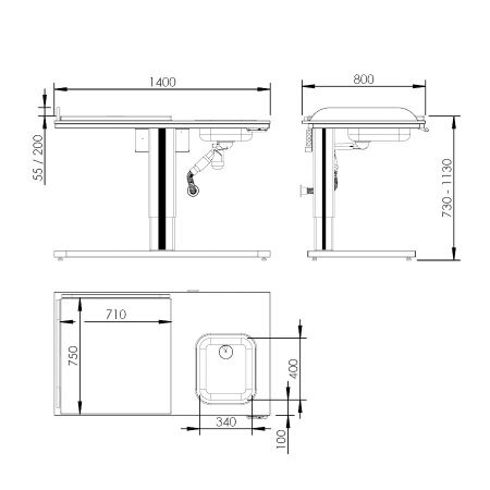 Dimensions - Height Adjustable Changing Table 332 - Sink left