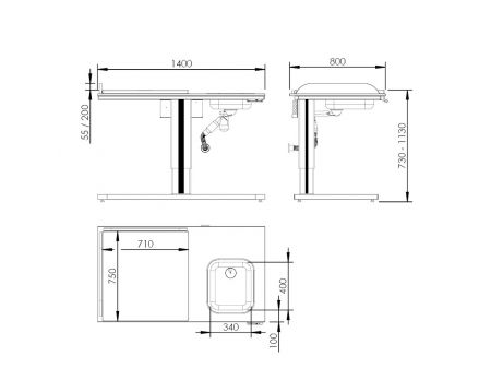 Dimensions - Height Adjustable Changing Table 332 - Sink left, Ladder right