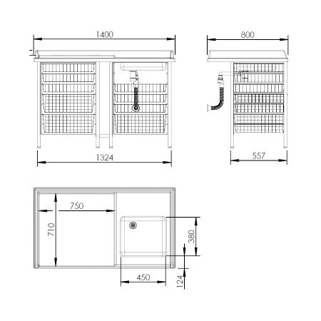 Dimensions - Changing Table 327, Fixed height, Sink right - Ladder left