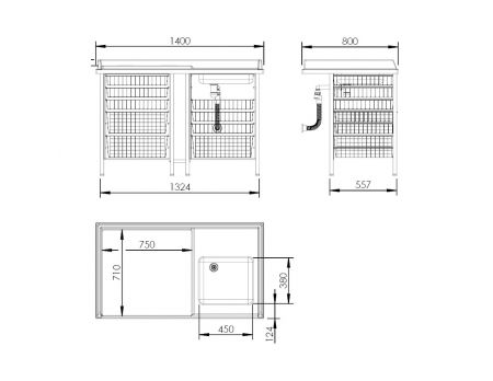 Dimensions - Changing Table 327, Fixed height, Sink right - Ladder left