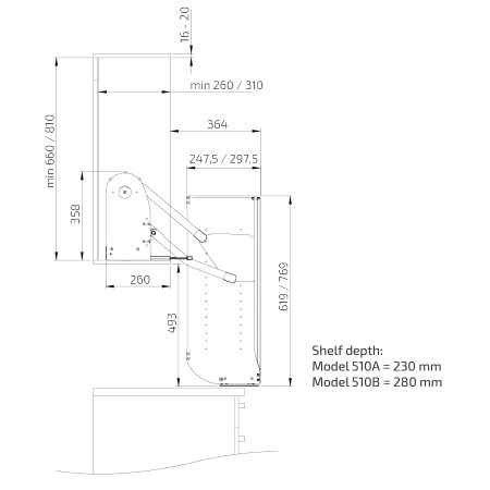 Dimensions - Wall Cabinet Lift InDIAGO 510KB - 70 cm height, 31 cm depth