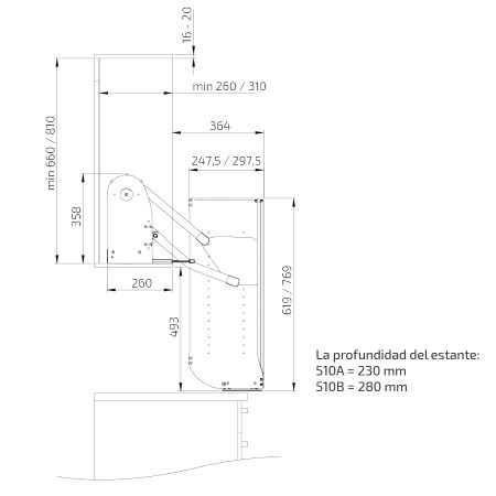 Dimensiones - Unidad de elevación en diagonal para armario de pared,  InDiago 510KA - altura 66 cm, profundidad 26 cm