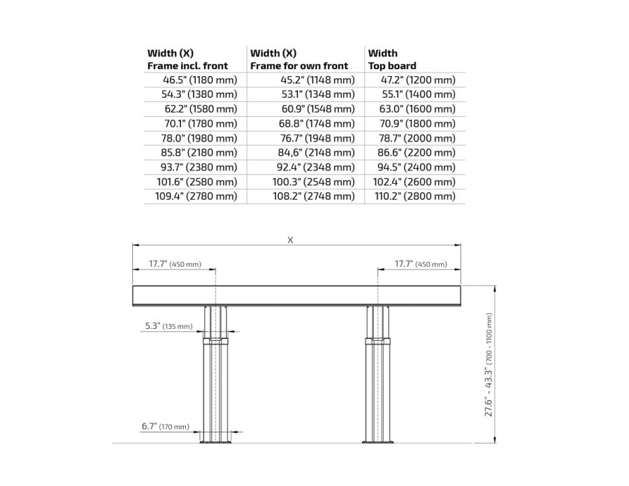 Dimensions - Kitchen Island Centerlift 960HA - For own front, depth 21.6" (54.8 cm)