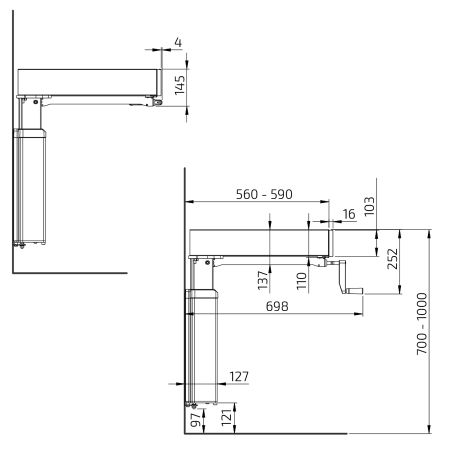 Måttuppgifter - Vevbar Bänklyft Manulift 6350 - Väggmonterad, 103 mm front