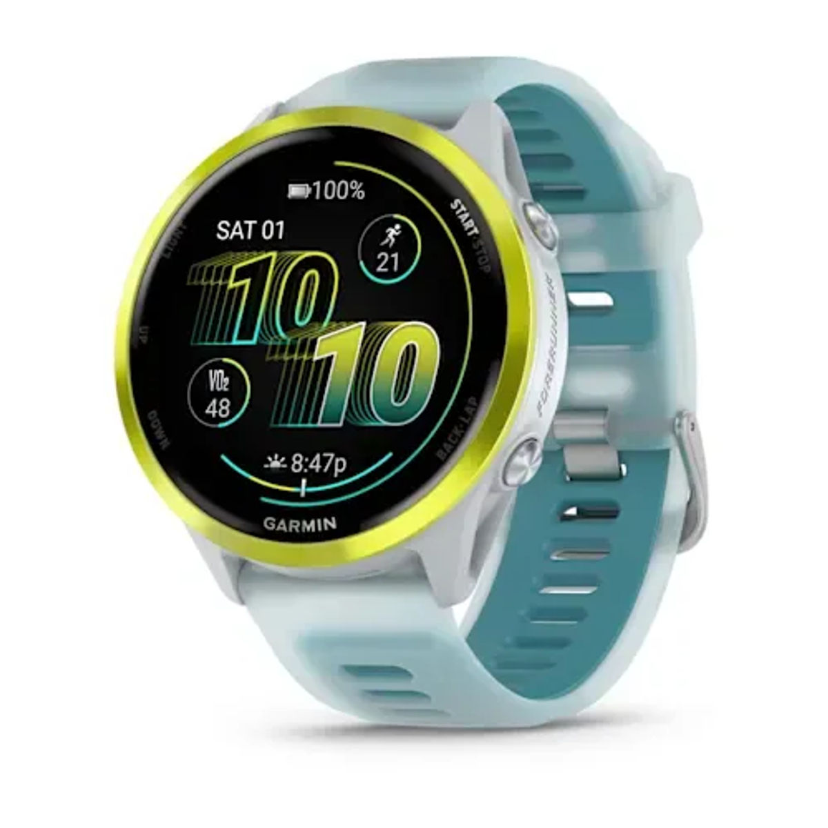 Garmin Forerunner 570 — 47 мм Amp Желтый алюминий с полупрозрачной белой/бирюзовой полосой