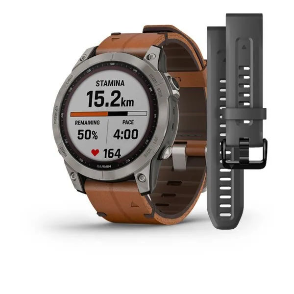GARMIN Fenix 7 Sapphire Solar — Carbon Gray Dlc Titanium With Chestnut Leather