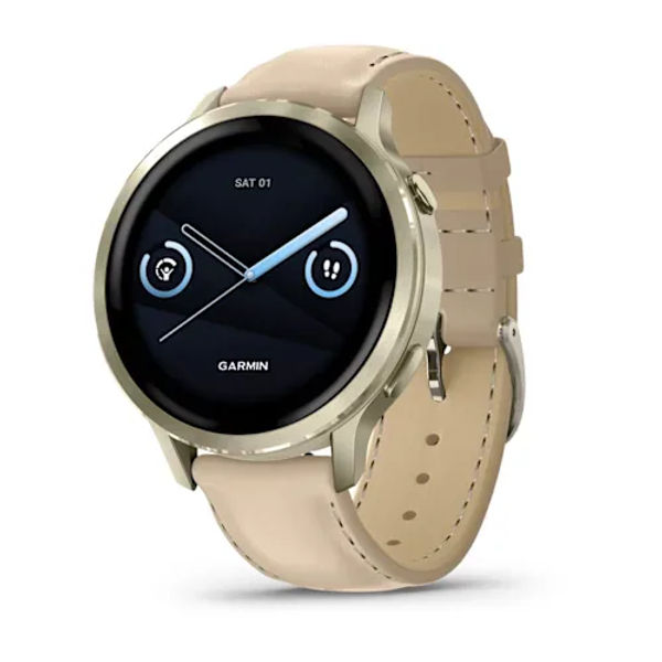 GARMIN Venu 4 – 41 mm Lunar Gold with Bone Silicone Band and Light Sand Leather Band