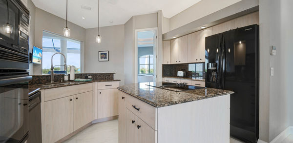 Modern Kitchen Area With Beautiful Big Black Refrigerator and Microwave Oven