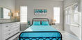 Bedroom With White Blind Curtains and Double Bed Covered in Sky Blue Bedding
