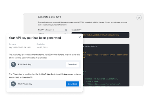 Screenshots of JaaS platform showing API key generation