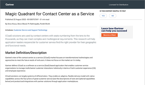 Image showing the text describing 2022 gartner magic quadrant for Contact Center as a Service (CCaaS).