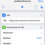 Screenshot of step two of creating a shortcut - Add another action by searching for "Get contents of URL"