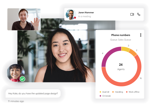 Co-workers using different 8x8 UCaaS and Contact Center products to work together