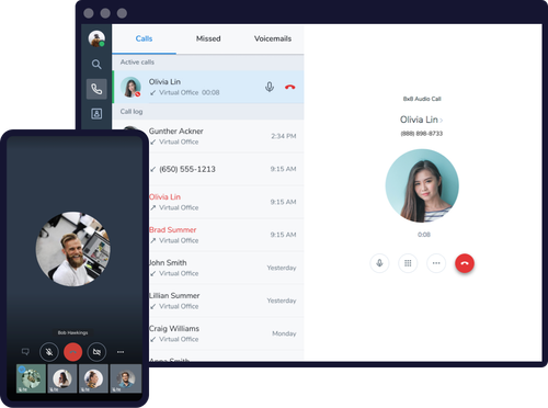 8x8 business phone on desktop computer being used by team members
