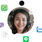 Illustration of a smiling customer agent’s face with logos of messaging channels