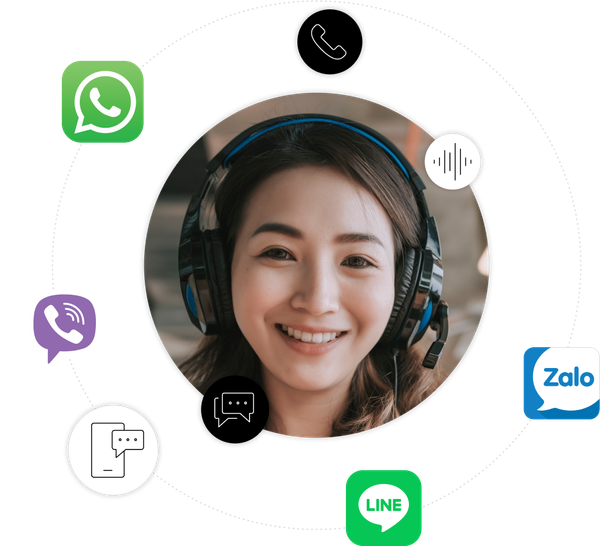 Illustration of a smiling customer agent’s face with logos of messaging channels