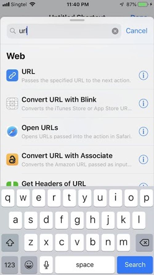 Screenshot of step one of creating a shortcut - Search for "URL"