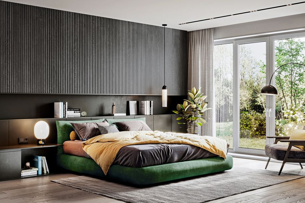 brentano green: Blick aufs Bett im Schlafzimmer