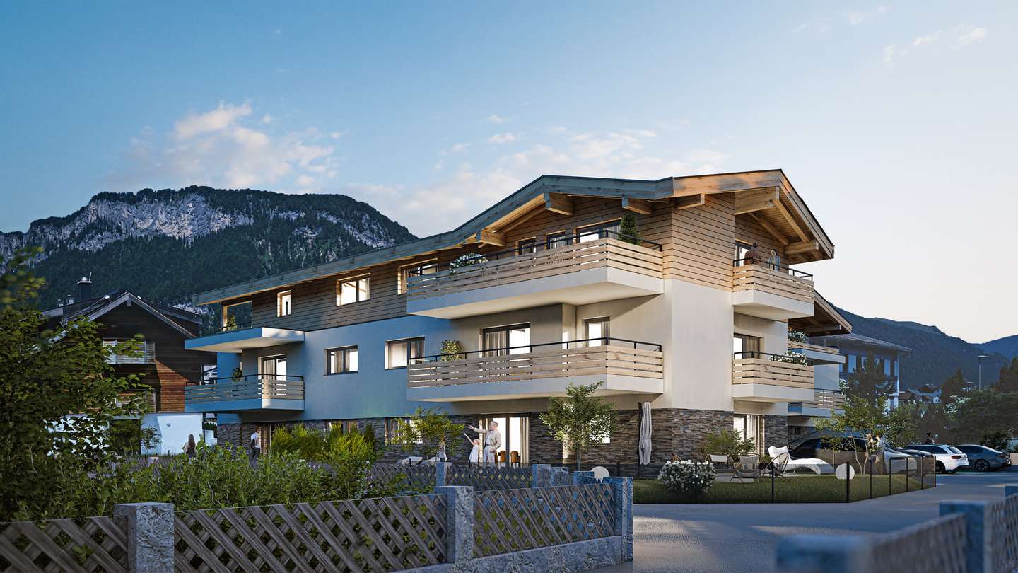 Kalkstein Residenz Tirol: Blick aufs Gebäude im Abendlicht