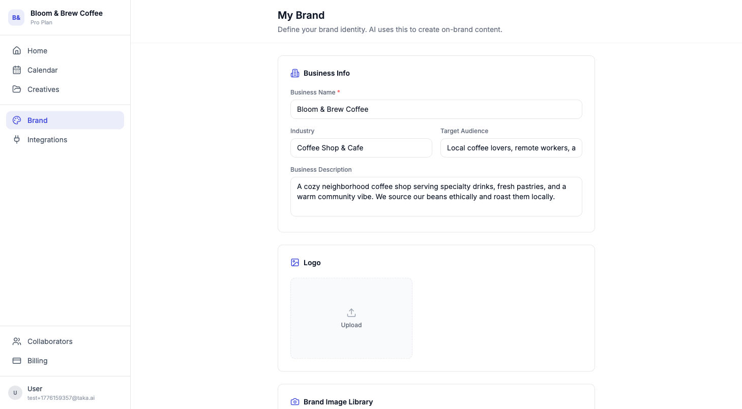 Brand kit setup showing business name, industry, description, and target audience