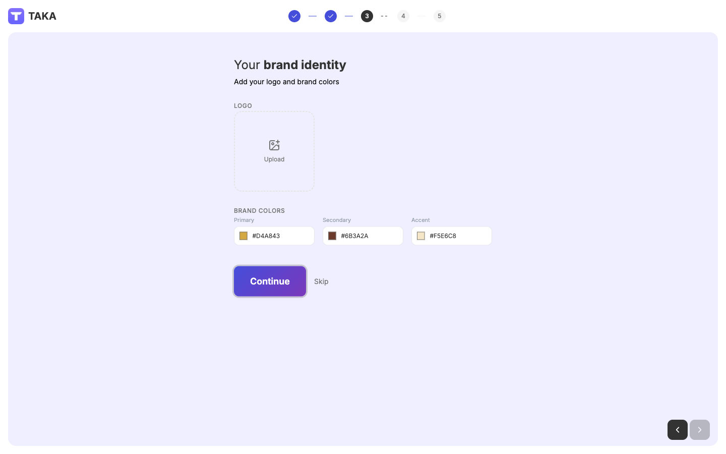 Taka brand kit setup showing business identity configuration