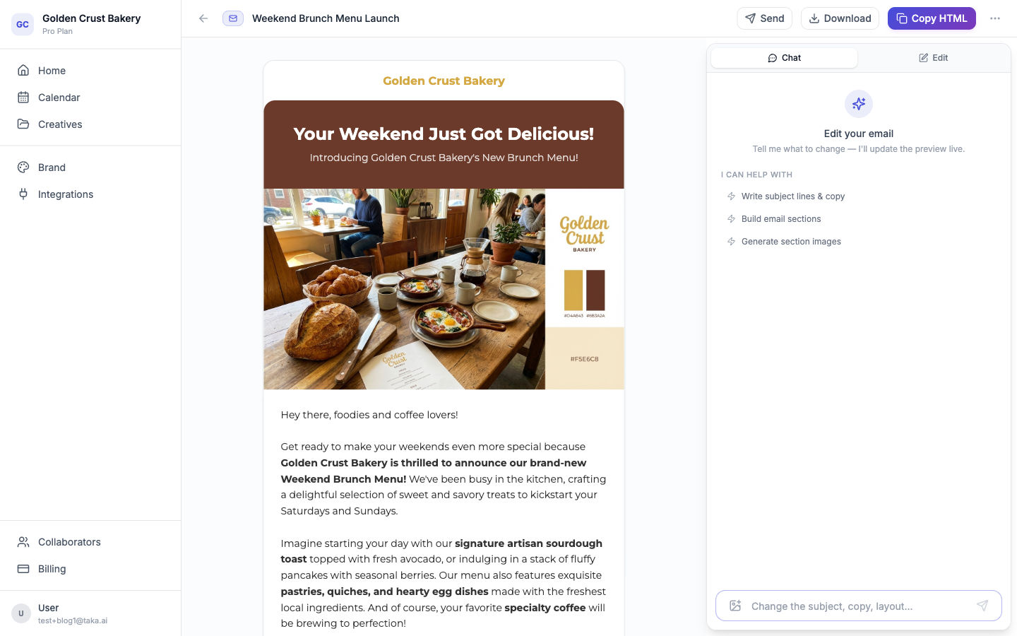 Professional marketing email generated by Taka with brunch menu announcement
