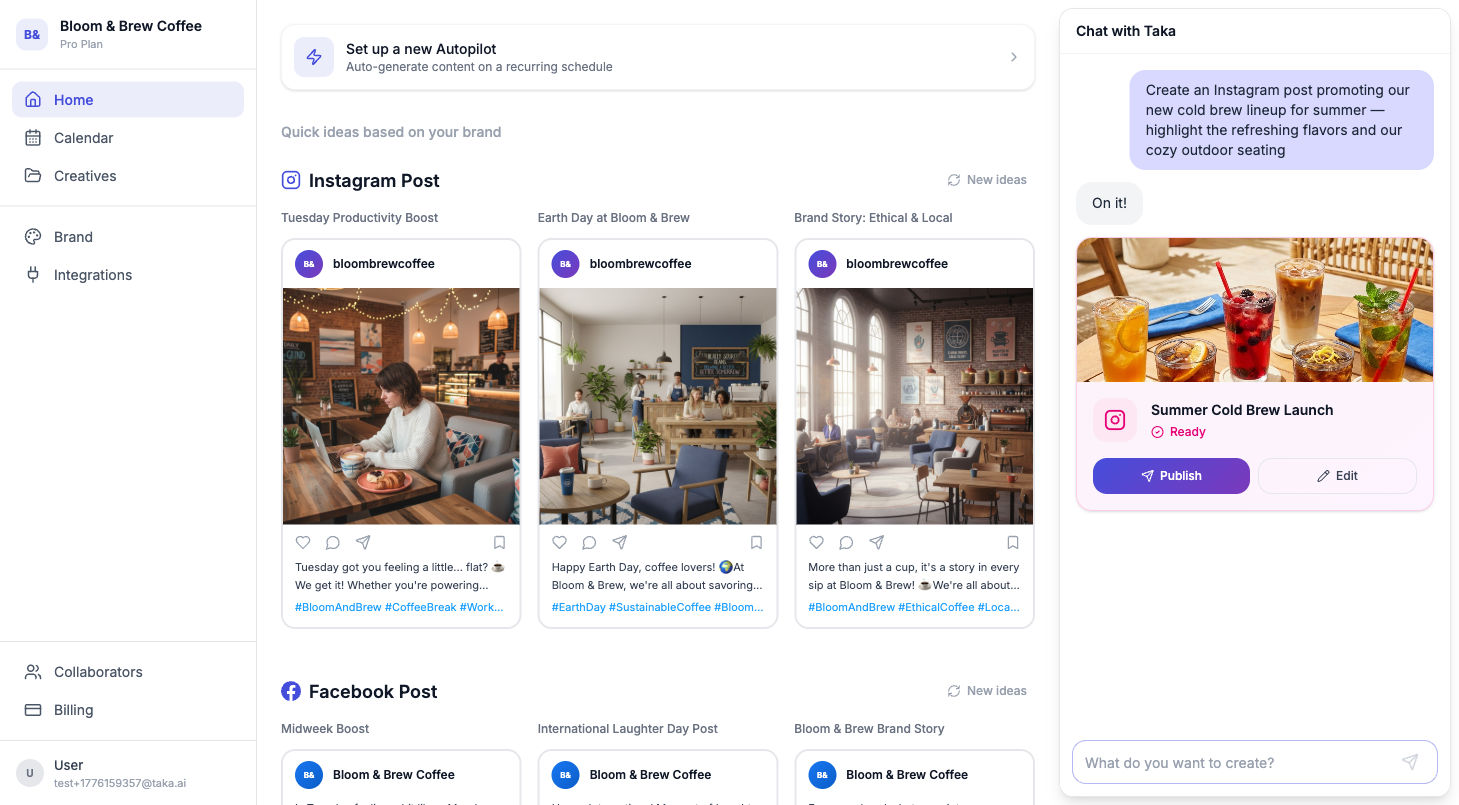 Taka home screen with LinkedIn, Instagram, and Facebook content suggestions for a coffee shop