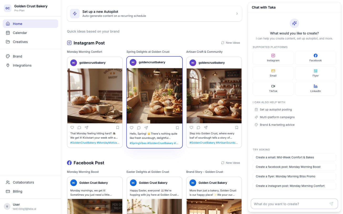 Taka dashboard showing Instagram and Facebook post suggestions