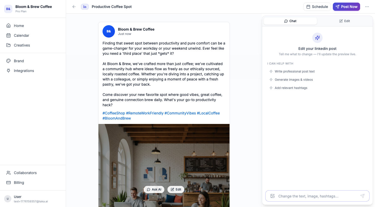 LinkedIn post preview with professional content for a coffee shop