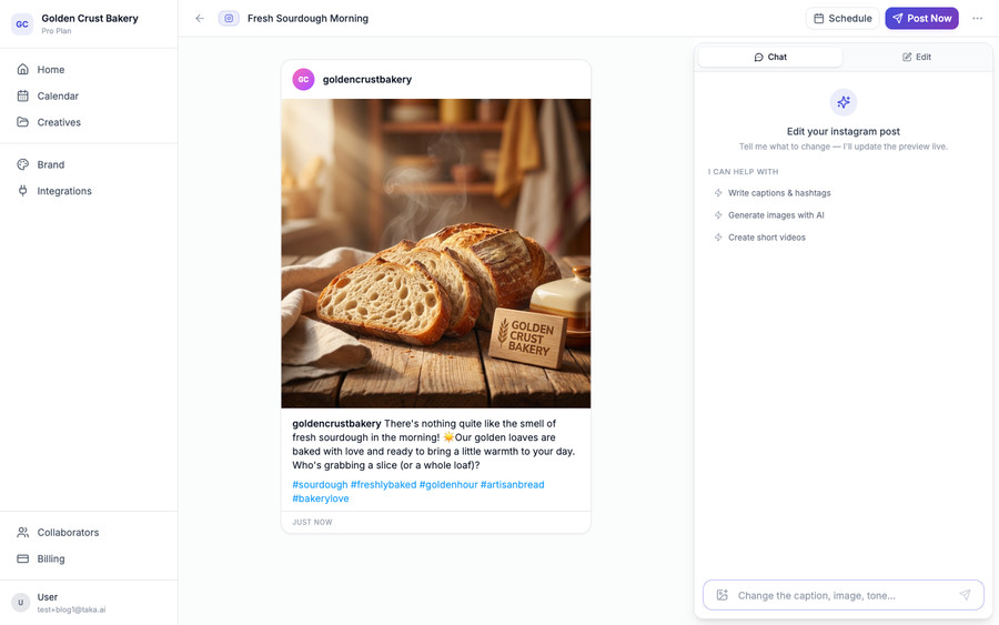 A finished Instagram post generated by Taka, with the image, caption, and hashtags shown in a feed mockup