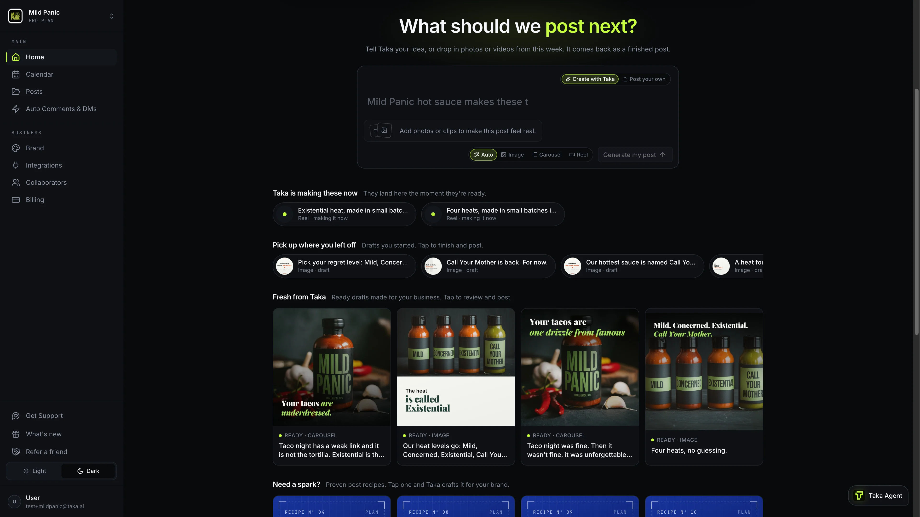 The home page opening on the creation prompt, with drafts and fresh posts below