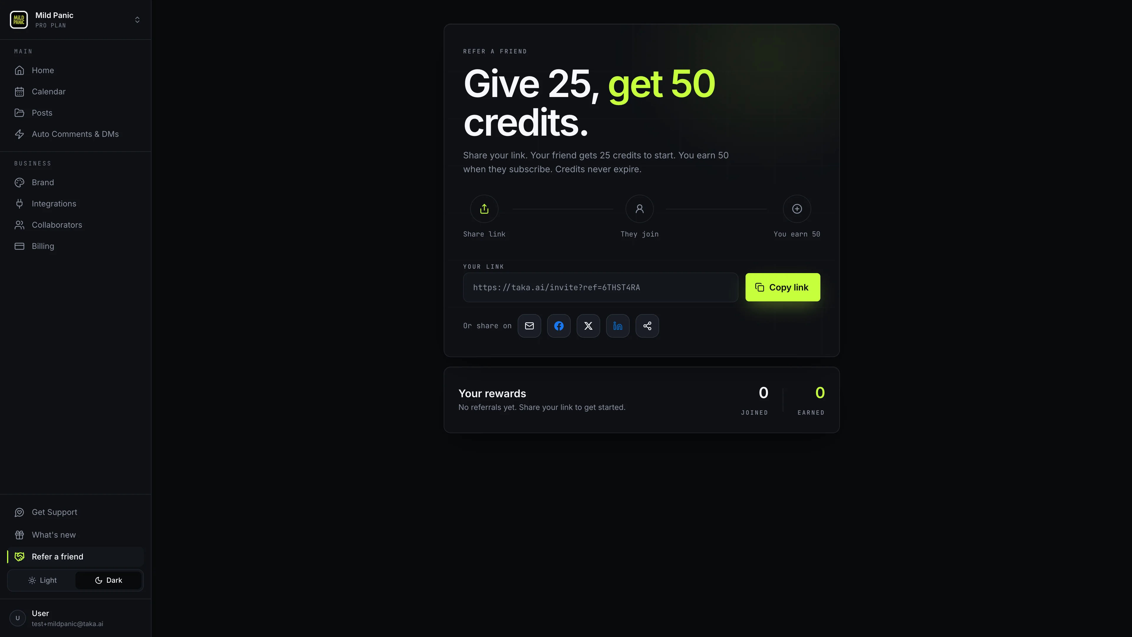 The refer a friend page with your invite link and reward tracking