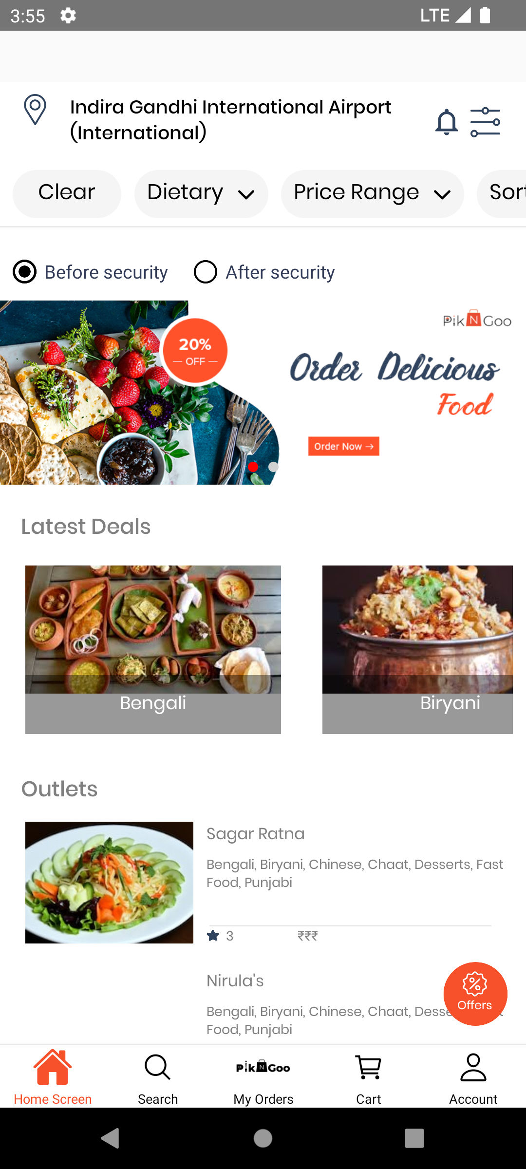 PikNGoo mobile app showing airport food ordering and airport services