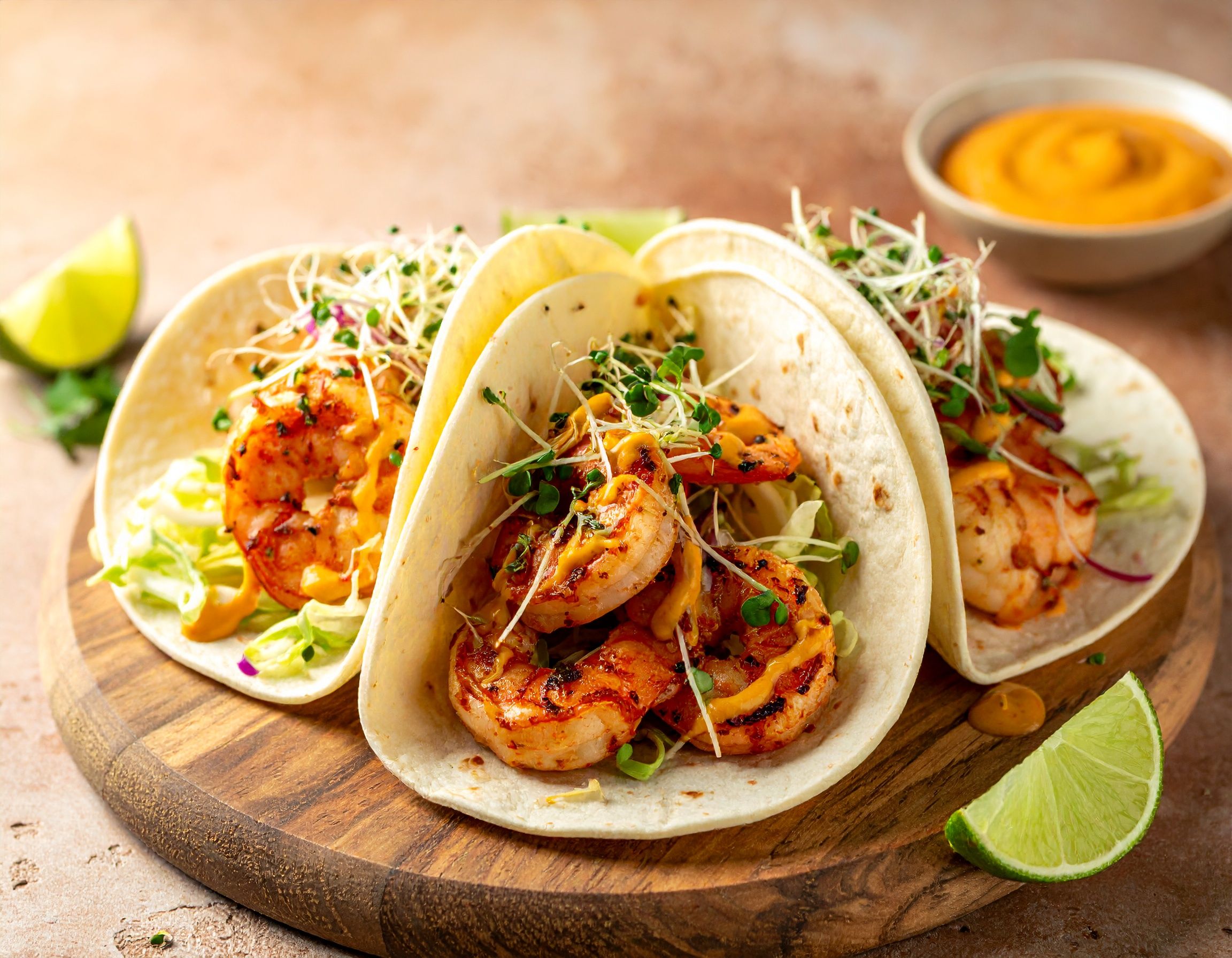 Spicy Shrimp Tacos with Mustard Microgreens