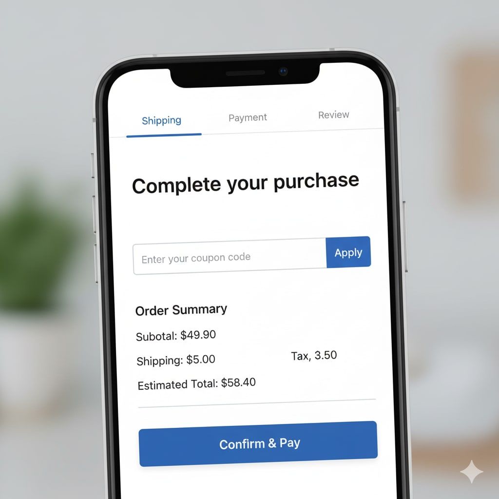 Mobile checkout screen showing order summary and confirm button