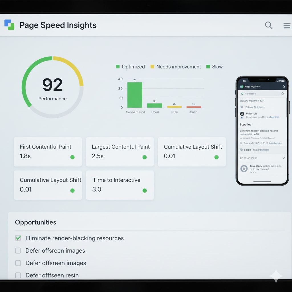 Page Speed Insights dashboard showing performance metrics