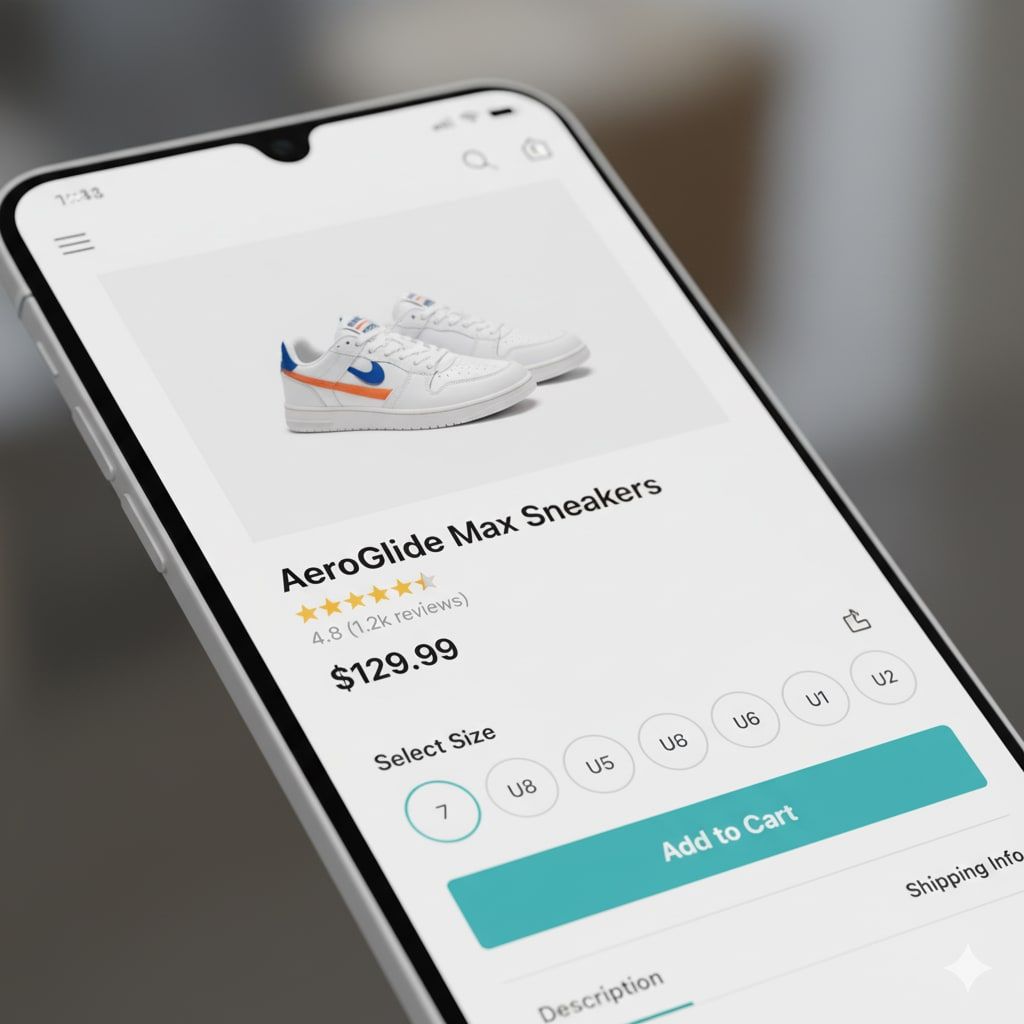Mobile product page showing imagery, price, variants, and add to cart