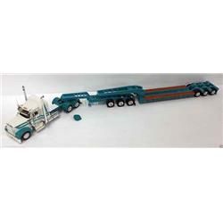 Tonkin TON500036 Kenworth W900L with Sleeper in White & Turquoise with 3-Axle Cheater Lowboy & 3-Axle Jeep&#44; 14 Years Above
