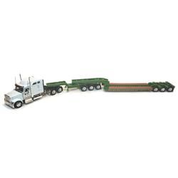 Tonkin TON700014 International 9900 Tractor in White with Mid Roof Sleeper & 3-Axle Lowboy in Green with 3-Axle Jeep&#44; 14 Years Above