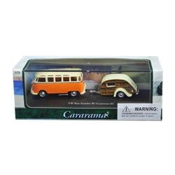 Cararama CARA12818 1 by 72 Scale Diecast Volkswagen Bus Samba Orange with Caravan III Trailer in Display Showcase Model Car