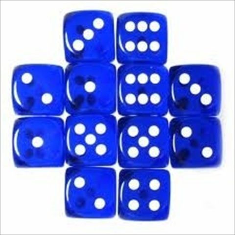 Chessex Manufacturing 23606 16 mm Blue With White Translucent D6 Dice Set Of 12