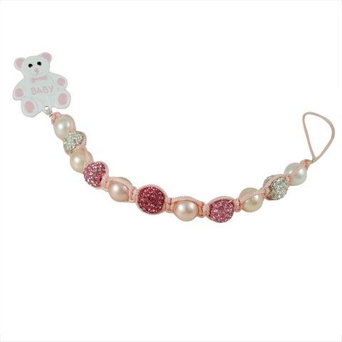 Dlux Jewels Pink & White Baby Pacifier Clip with Enamel Teddy Bear